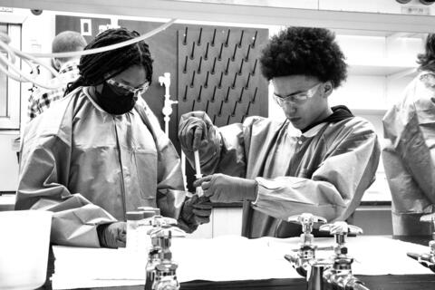 Students at a lab bench at Yale's West Campus 