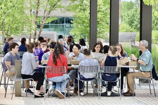 Eating lunch on the terrace at West Campus 